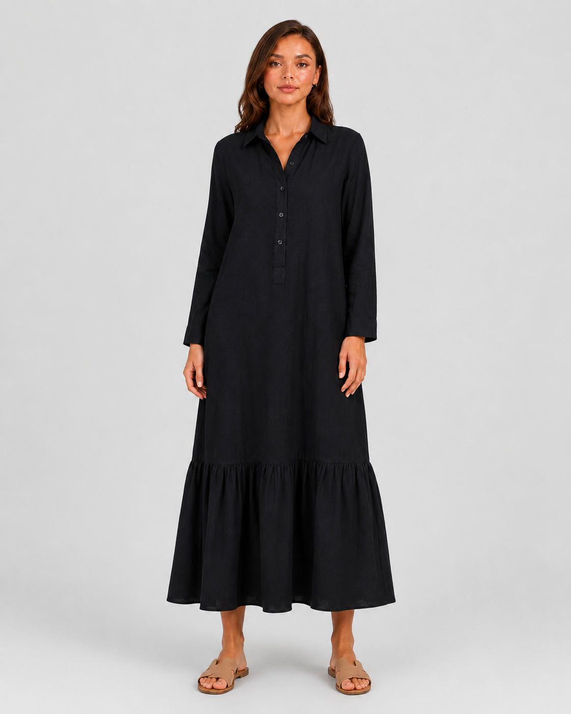 Women's cotton blend maxi shirt dress with tiered skirt, long sleeves, relaxed fit, and flowing silhouette for elegant summer styling.