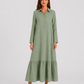 Women's cotton blend maxi shirt dress with tiered skirt, long sleeves, relaxed fit, and flowing silhouette for elegant summer styling.