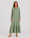 Women's cotton blend maxi shirt dress with tiered skirt, long sleeves, relaxed fit, and flowing silhouette for elegant summer styling.
