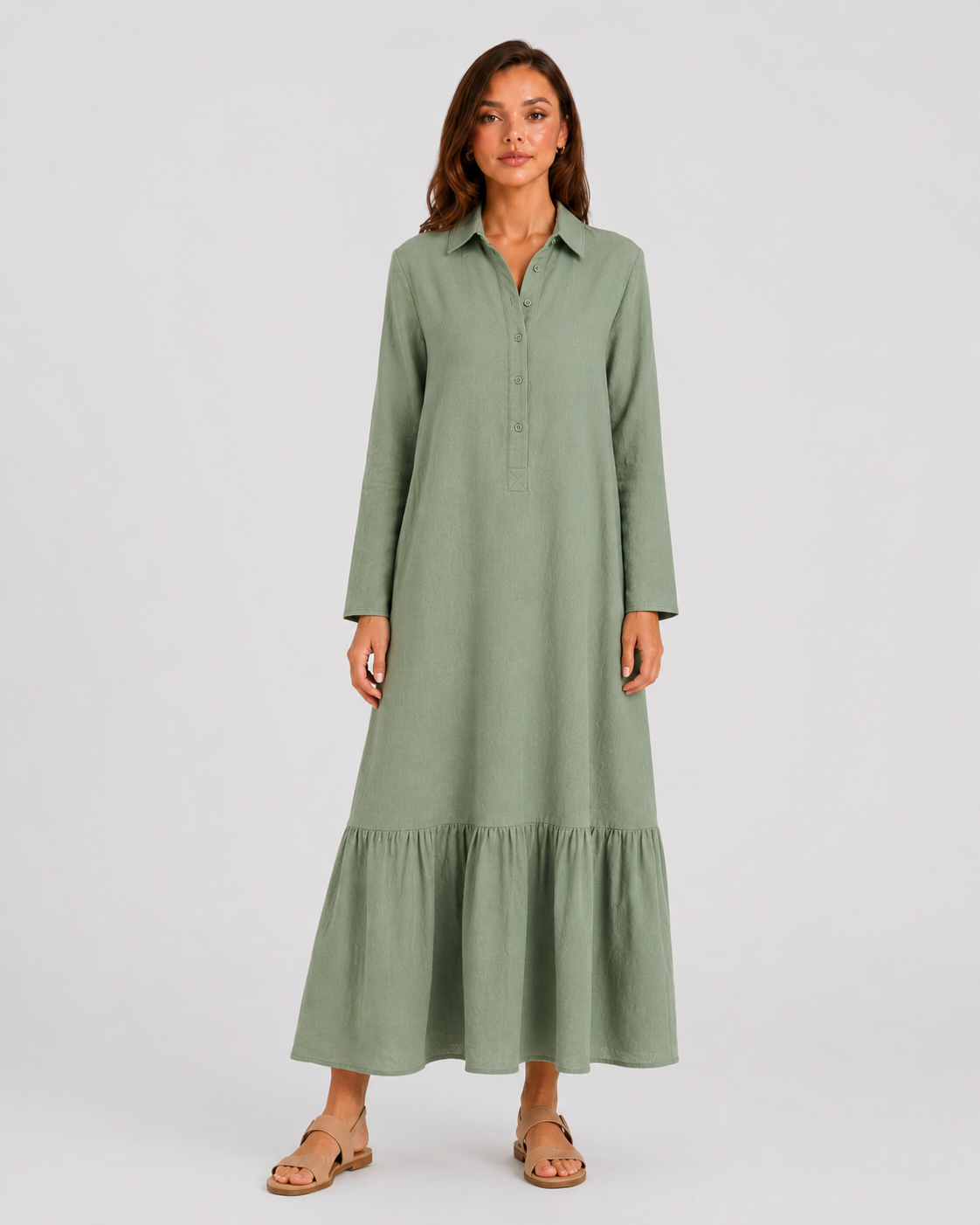 Women's cotton blend maxi shirt dress with tiered skirt, long sleeves, relaxed fit, and flowing silhouette for elegant summer styling.