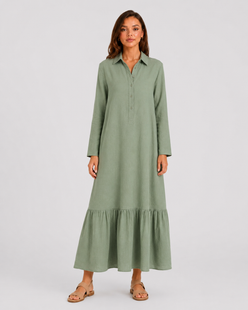 Women's cotton blend maxi shirt dress with tiered skirt, long sleeves, relaxed fit, and flowing silhouette for elegant summer styling.
