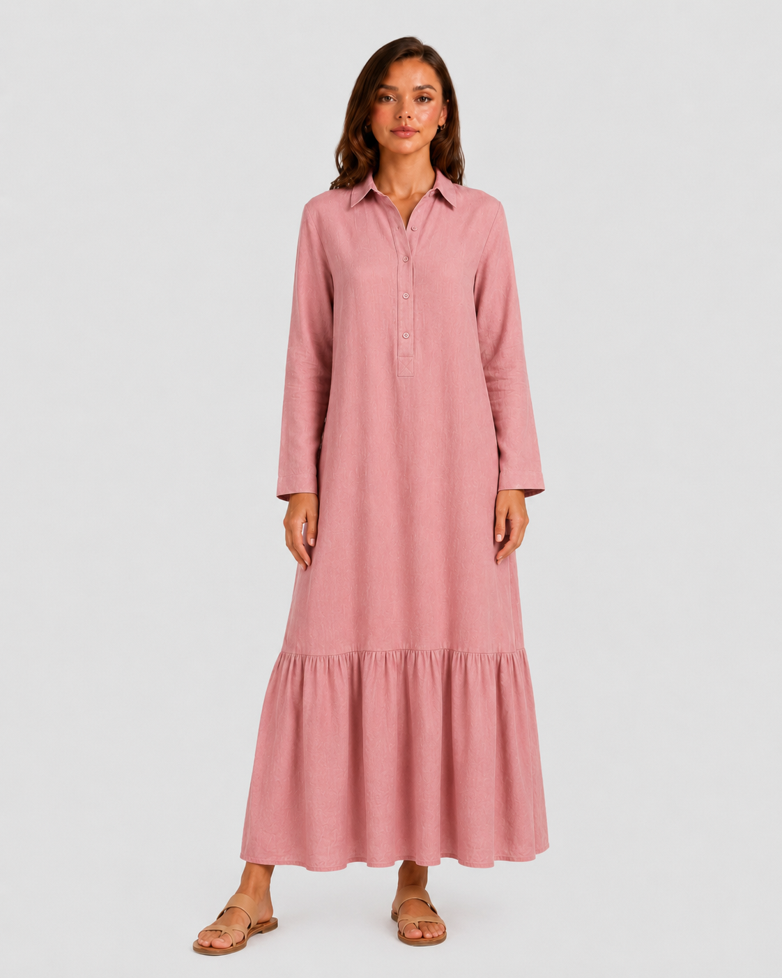 Women's cotton blend maxi shirt dress with tiered skirt, long sleeves, relaxed fit, and flowing silhouette for elegant summer styling.