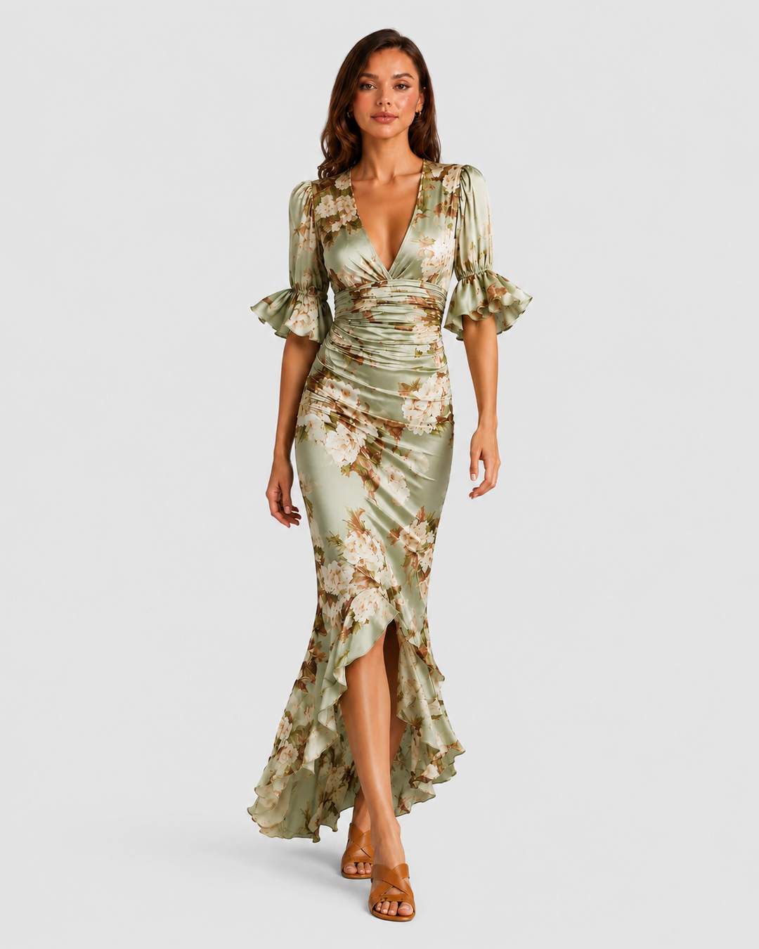 Women's floral satin-feel maxi dress with ruched waist, deep V-neckline, flutter sleeves, and flowing asymmetric hem.