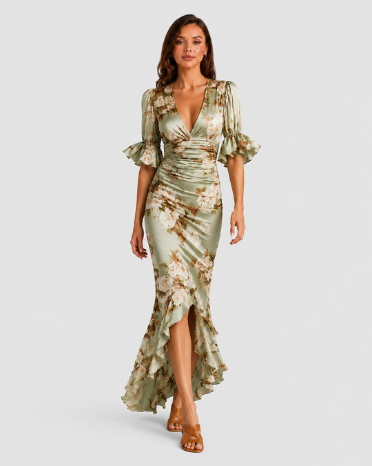 Women's floral satin-feel maxi dress with ruched waist, deep V-neckline, flutter sleeves, and flowing asymmetric hem.
