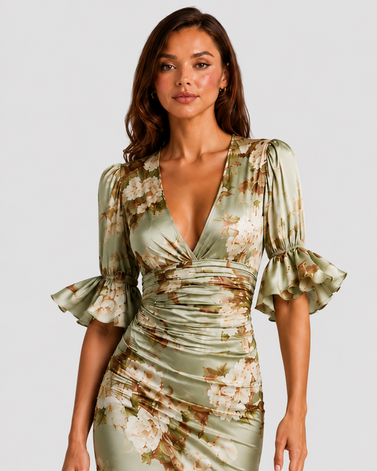 Women's floral satin-feel maxi dress with ruched waist, deep V-neckline, flutter sleeves, and flowing asymmetric hem.