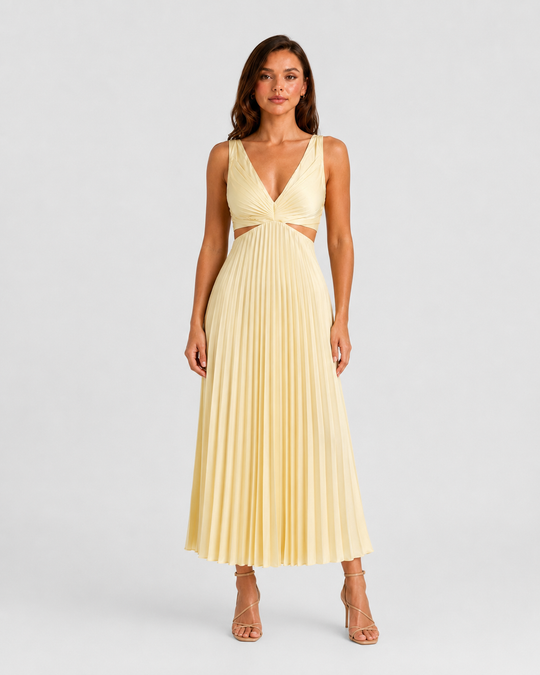 Woman wearing a pleated midi dress with waist cut-outs, gathered V-neck bodice, and flowing skirt designed for elegant occasion dressing.