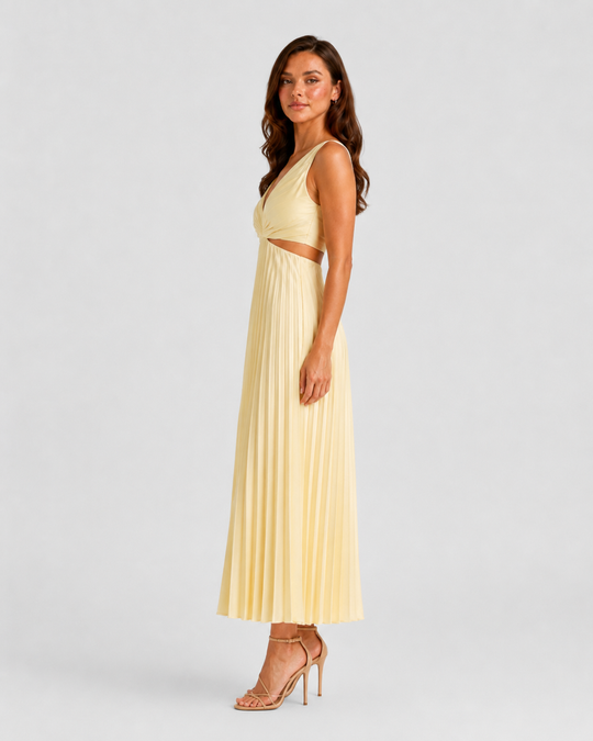 Woman wearing a pleated midi dress with waist cut-outs, gathered V-neck bodice, and flowing skirt designed for elegant occasion dressing.