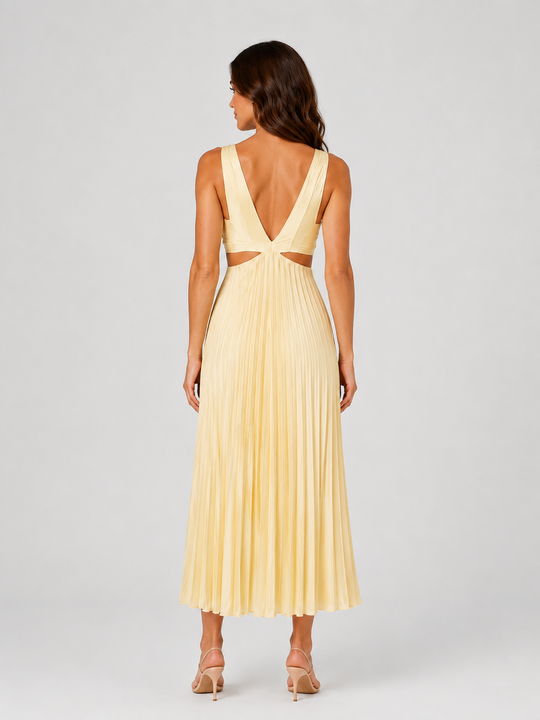 Woman wearing a pleated midi dress with waist cut-outs, gathered V-neck bodice, and flowing skirt designed for elegant occasion dressing.