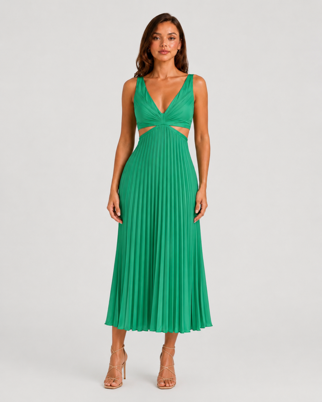 Woman wearing a pleated midi dress with waist cut-outs, gathered V-neck bodice, and flowing skirt designed for elegant occasion dressing.
