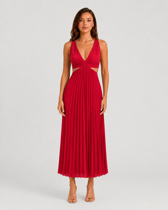 Woman wearing a pleated midi dress with waist cut-outs, gathered V-neck bodice, and flowing skirt designed for elegant occasion dressing.