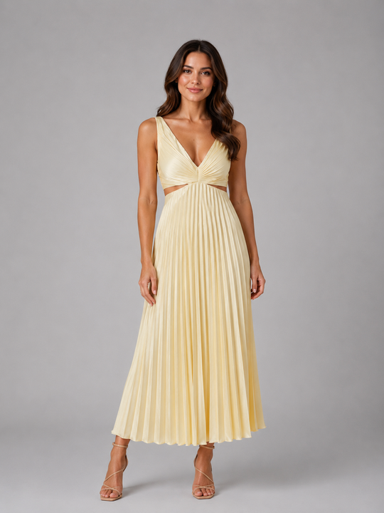 Woman wearing a pleated midi dress with waist cut-outs, gathered V-neck bodice, and flowing skirt designed for elegant occasion dressing.