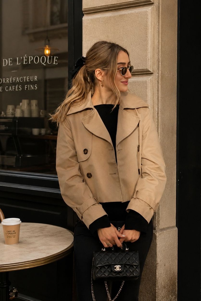 Women’s Vintage Cropped Trench Coat with Double-Breasted Front