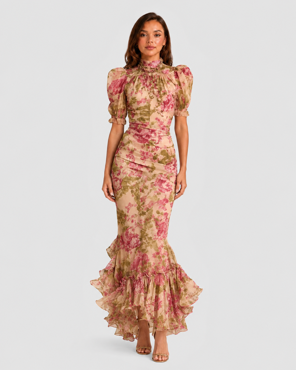 Women's vintage floral chiffon maxi dress with puff sleeves, high neckline, fitted waist, and fishtail ruffle hem for weddings and garden parties.