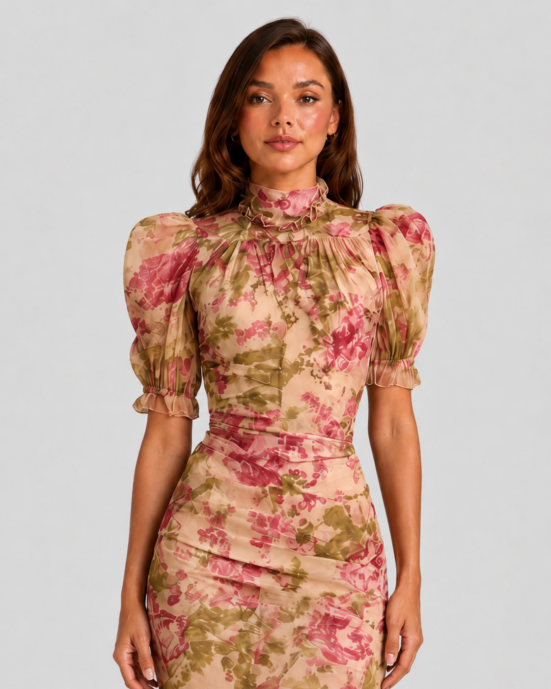 Women's vintage floral chiffon maxi dress with puff sleeves, high neckline, fitted waist, and fishtail ruffle hem for weddings and garden parties.