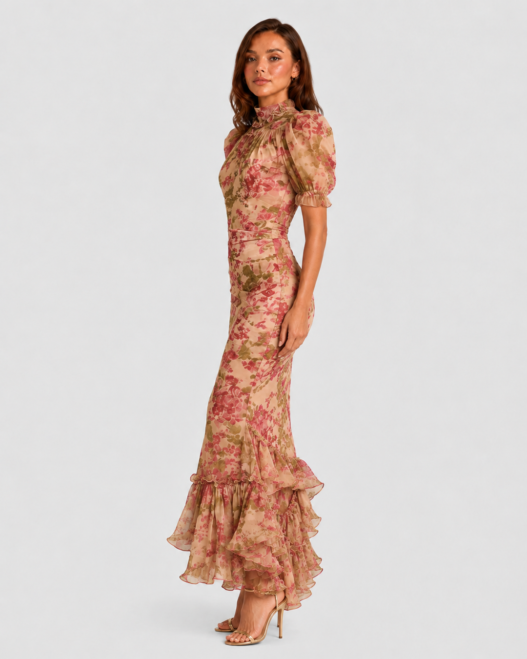 Women's vintage floral chiffon maxi dress with puff sleeves, high neckline, fitted waist, and fishtail ruffle hem for weddings and garden parties.