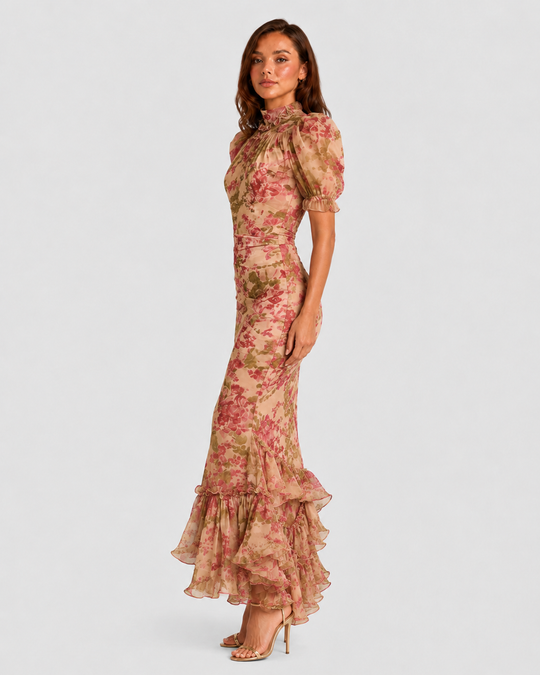 Women's vintage floral chiffon maxi dress with puff sleeves, high neckline, fitted waist, and fishtail ruffle hem for weddings and garden parties.