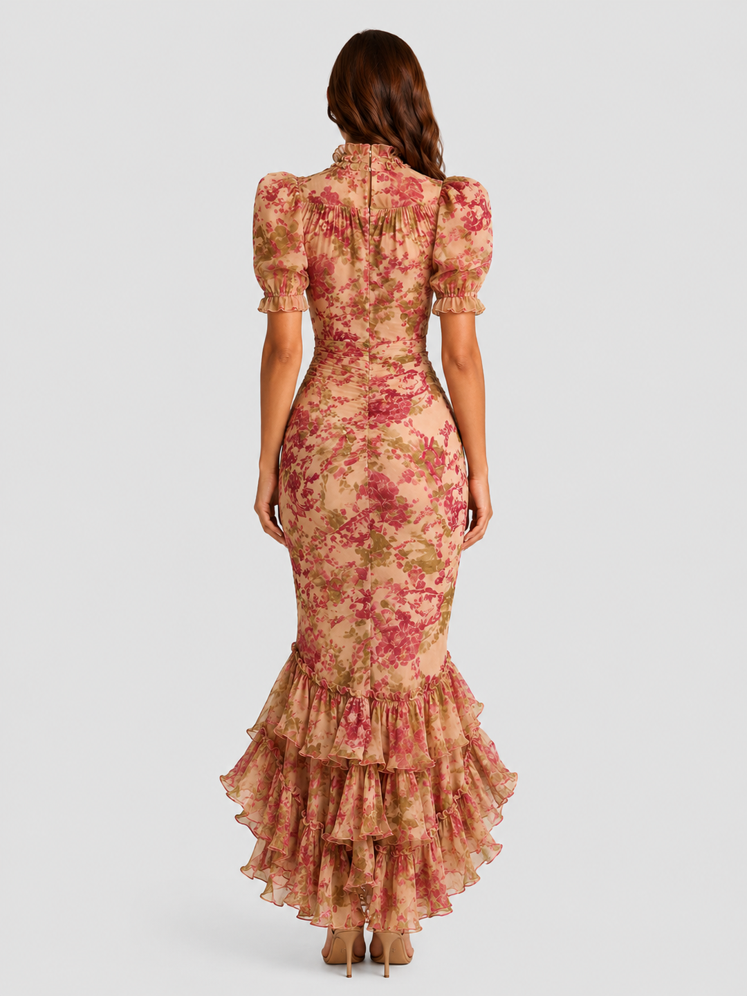 Women's vintage floral chiffon maxi dress with puff sleeves, high neckline, fitted waist, and fishtail ruffle hem for weddings and garden parties.