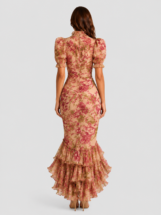 Women's vintage floral chiffon maxi dress with puff sleeves, high neckline, fitted waist, and fishtail ruffle hem for weddings and garden parties.