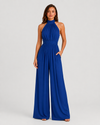 Woman wearing a halter neck wide leg jumpsuit with a defined waistband, flowing silhouette, sleeveless design, and elegant draped fabric for formal occasions.
