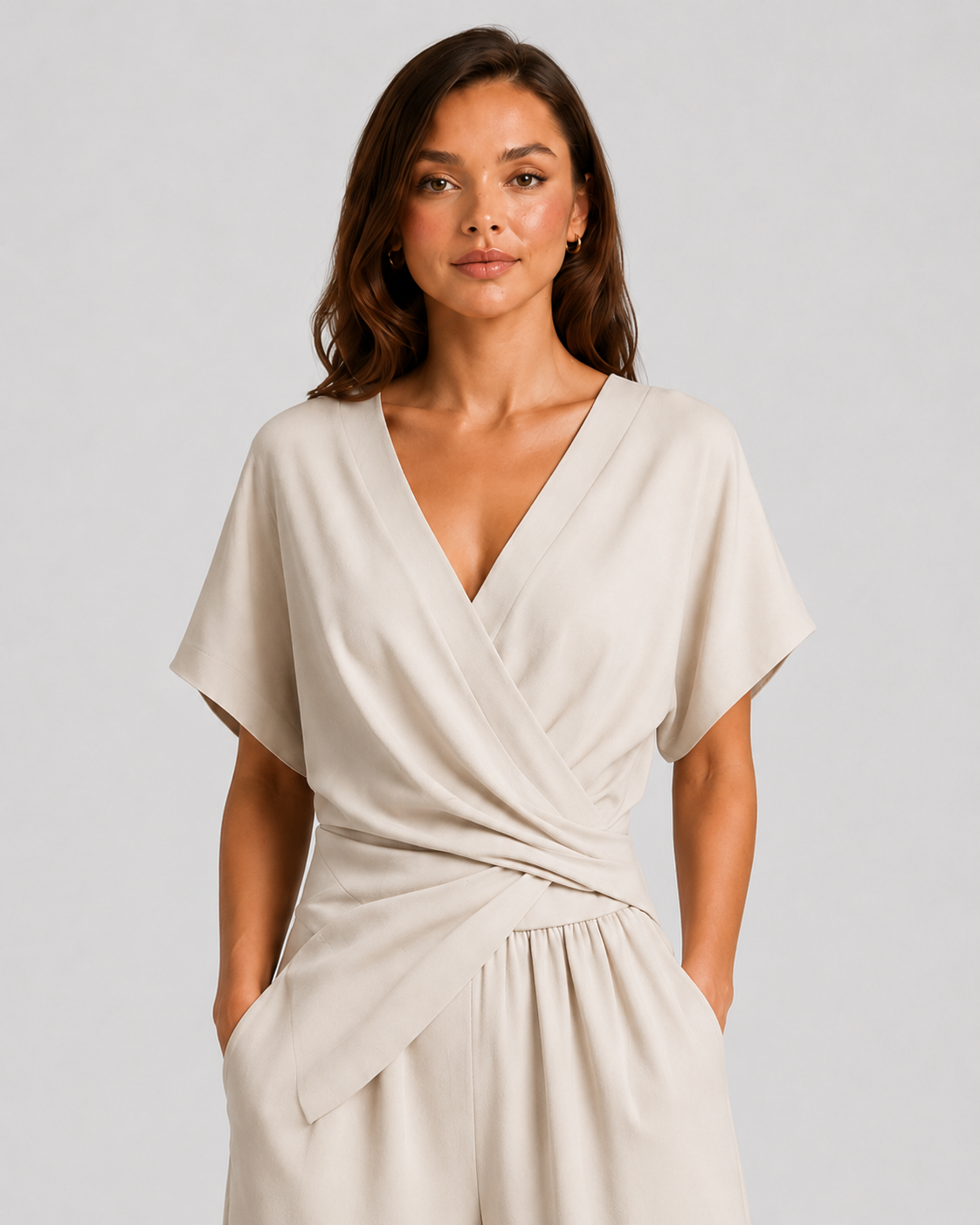 Woman wearing a lightweight wrap front co-ord set with relaxed cropped wide-leg trousers, styled for elegant summer occasions and holiday wear.