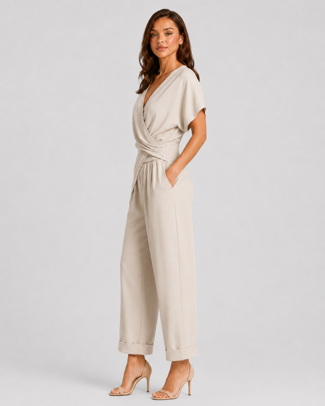 Woman wearing a lightweight wrap front co-ord set with relaxed cropped wide-leg trousers, styled for elegant summer occasions and holiday wear.