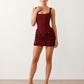 Women's Zehnia sequined basque waist mini dress featuring a structured corset bodice with boning, square neckline, wide adjustable straps, draped sequin mini skirt, lace-up back and flattering fitted silhouette, perfect for parties, cocktail evenings and special occasions.