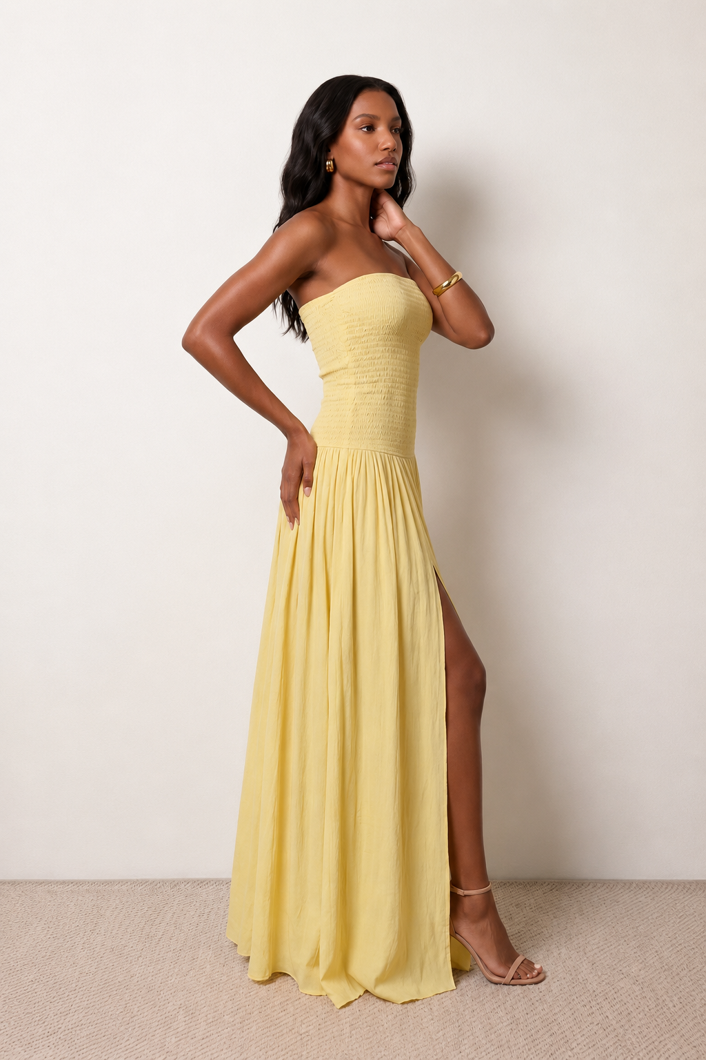 Women's Strapless Smocked Maxi Dress for Wedding Guests & Summer Occasion Wear