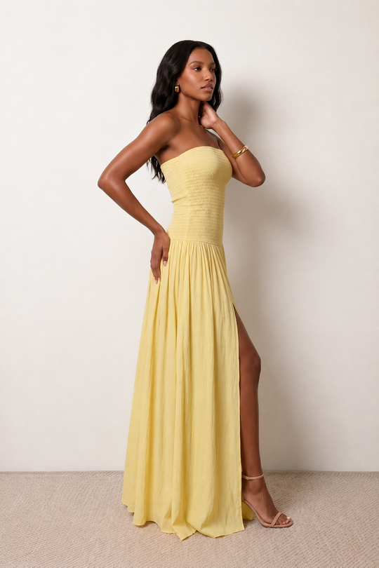 Women's Strapless Smocked Maxi Dress for Wedding Guests & Summer Occasion Wear
