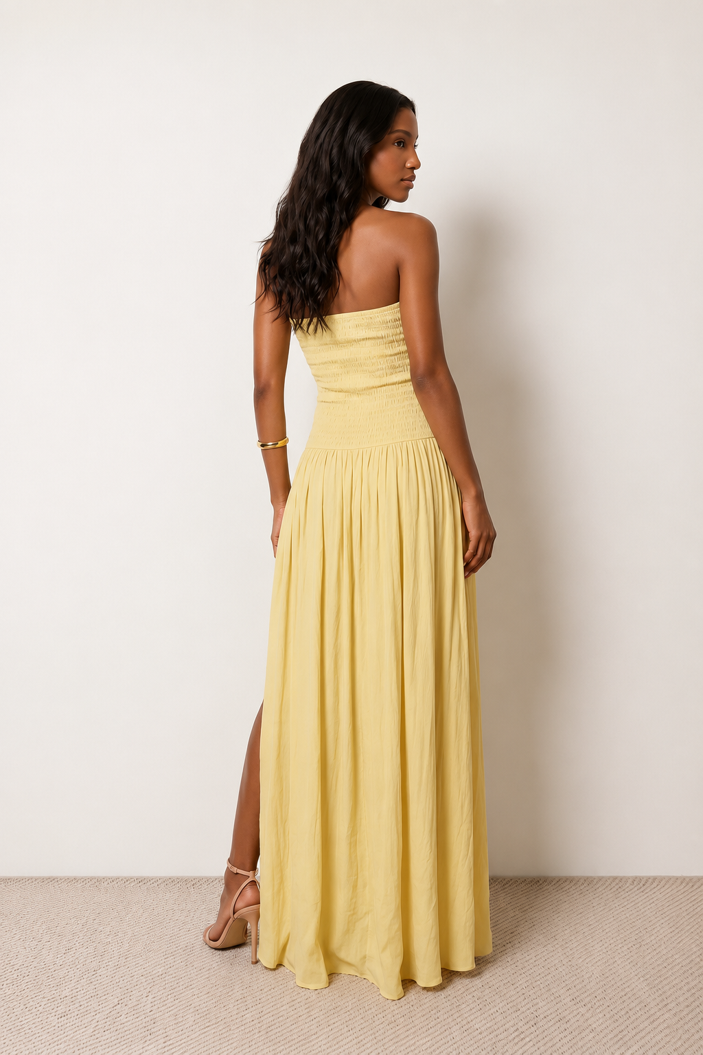 Women's Strapless Smocked Maxi Dress for Wedding Guests & Summer Occasion Wear
