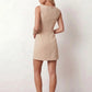 Maraea fitted sleeveless mini dress with a boat neckline, structured sheath silhouette, smooth finish, straight mini hem, and center back zip closure.