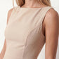 Maraea fitted sleeveless mini dress with a boat neckline, structured sheath silhouette, smooth finish, straight mini hem, and center back zip closure.