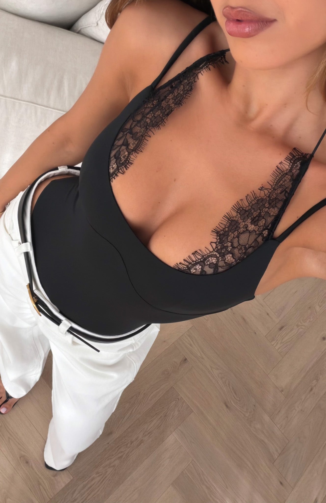 Black Lace Trim Bodysuit – Halter Going Out Bodysuit