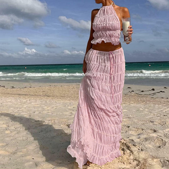 Odalys™ | Boho Ruched Halter Backless Maxi Set
