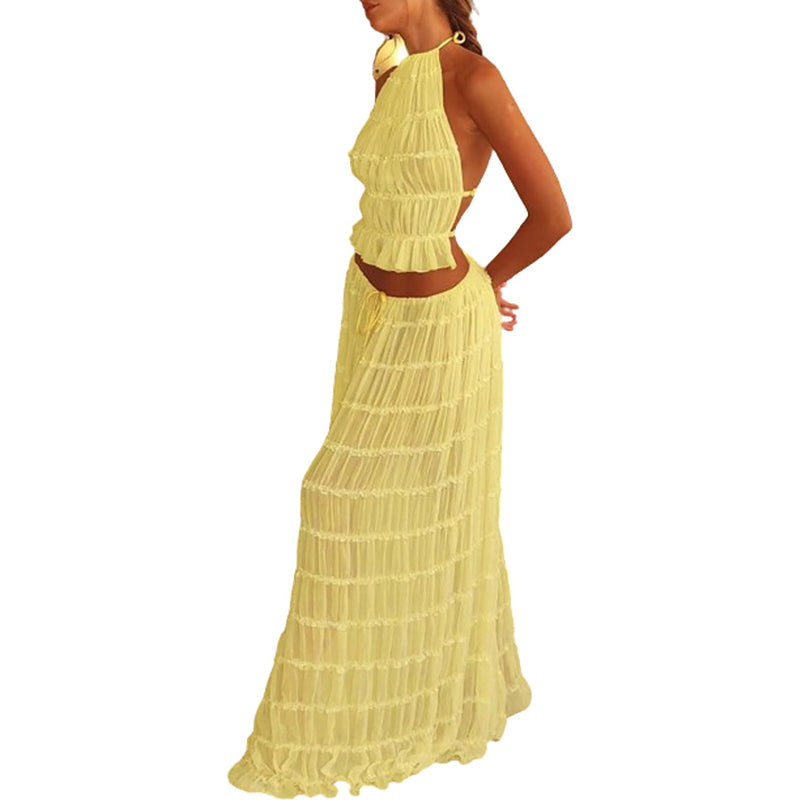 Odalys™ | Boho Ruched Halter Backless Maxi Set
