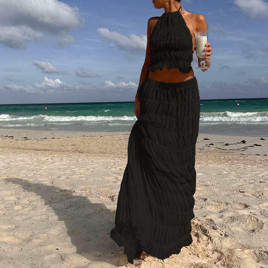 Odalys™ | Boho Ruched Halter Backless Maxi Set