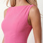 Maraea fitted sleeveless mini dress with a boat neckline, structured sheath silhouette, smooth finish, straight mini hem, and center back zip closure.