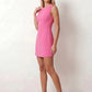 Maraea fitted sleeveless mini dress with a boat neckline, structured sheath silhouette, smooth finish, straight mini hem, and center back zip closure.