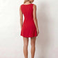 Maraea fitted sleeveless mini dress with a boat neckline, structured sheath silhouette, smooth finish, straight mini hem, and center back zip closure.