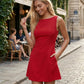Maraea fitted sleeveless mini dress with a boat neckline, structured sheath silhouette, smooth finish, straight mini hem, and center back zip closure.