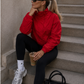 Women’s Red Turtleneck Zip-Up Jacket with Long Sleeves for Casual & Streetwear