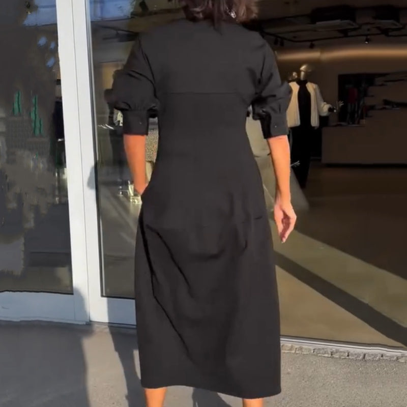 Stéphanie™ – Elegant Midi Dress with Lapels and V-Neckline