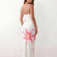 Women's floral slip maxi dress with a square neckline, delicate spaghetti straps, and a body-skimming silhouette featuring an all-over floral print on a sheer mesh overlay, ideal for weddings, summer occasions, and elegant evening wear.