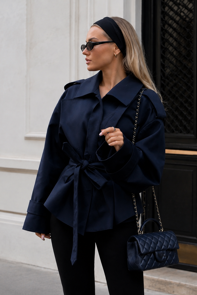 Women’s Belted Cropped Trench Coat with Long Sleeves for Casual & Smart Wear