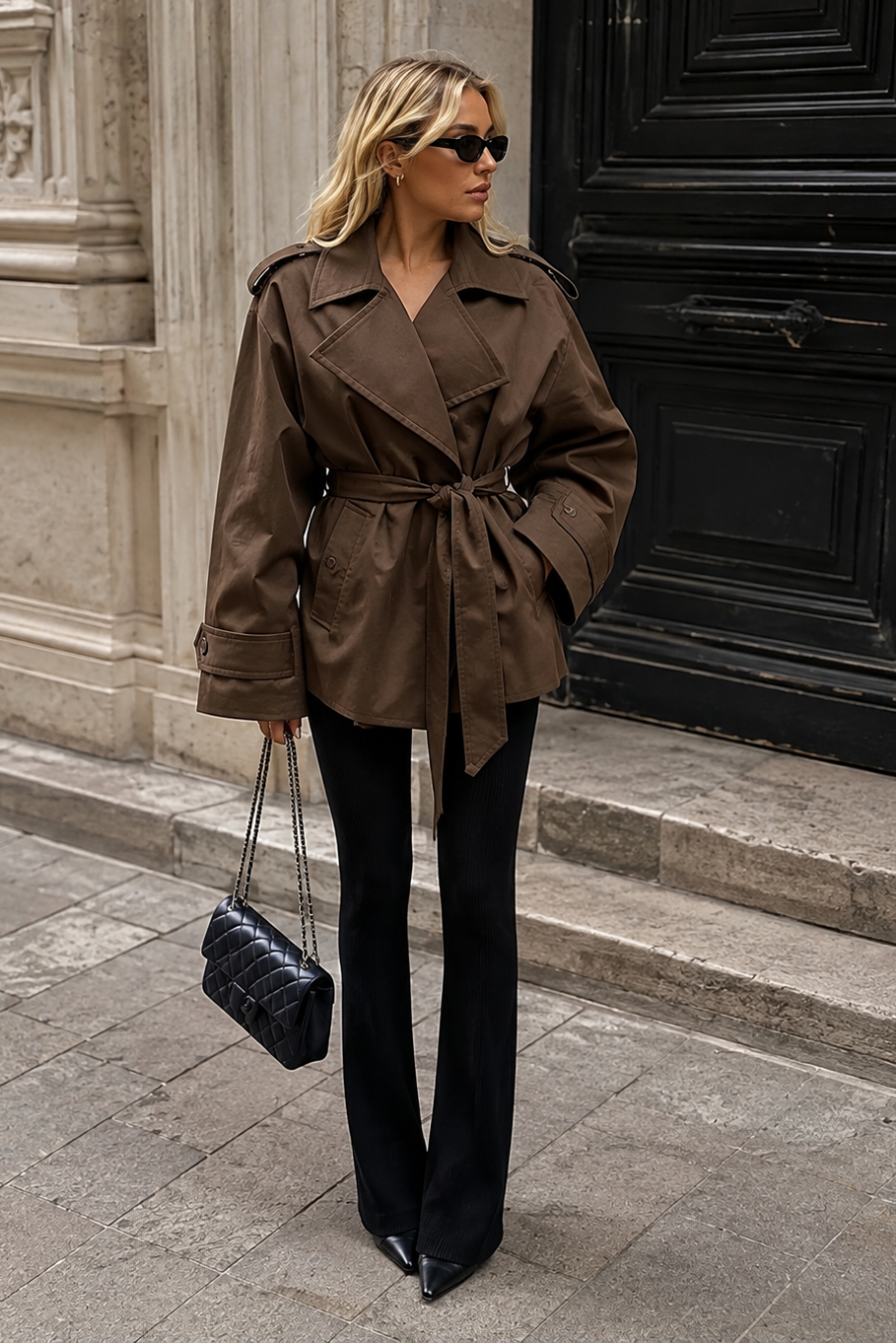 Women’s Belted Cropped Trench Coat with Long Sleeves for Casual & Smart Wear