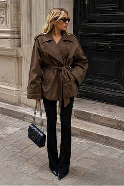 Women’s Belted Cropped Trench Coat with Long Sleeves for Casual & Smart Wear