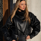 Women’s Black Leather Cropped Bomber Jacket with Oversized Fit