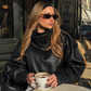 Women’s Black Leather Cropped Bomber Jacket with Oversized Fit