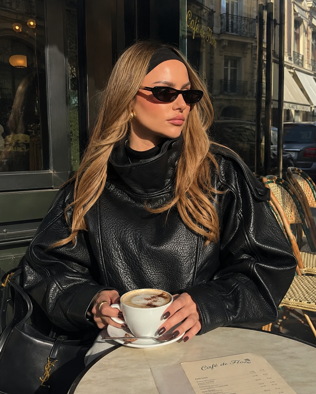 Women’s Black Leather Cropped Bomber Jacket with Oversized Fit
