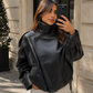 Women’s Black Leather Cropped Bomber Jacket with Oversized Fit