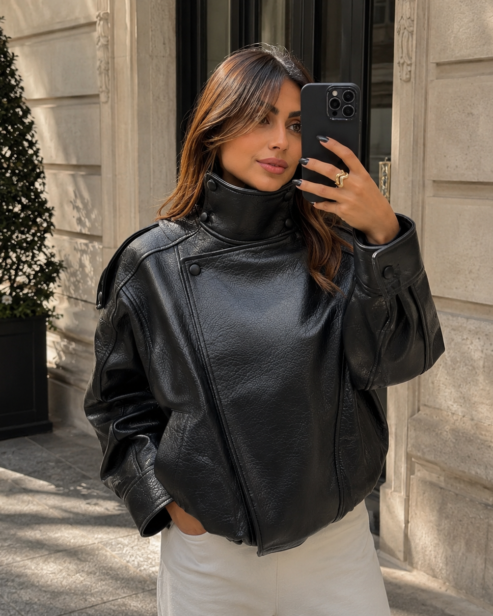 Women’s Black Leather Cropped Bomber Jacket with Oversized Fit